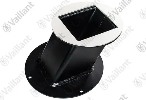 Vaillant Adapter mit quadratischem oberen Anschluss und runder Basis, geeignet zur Befestigung an einer Oberfläche. Schwarz lackierte Oberfläche mit verchromtem Rand.